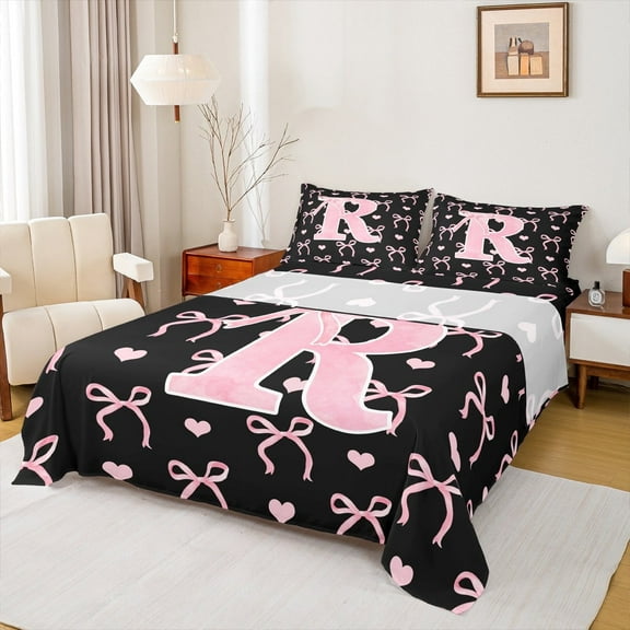 Feelyou Initial R Letter Bed Sheets, Kawaii Ribbon Bow King Sheets, Love Heart Sheet Set, Super Cozy Bedroom Decoration, 4pcs