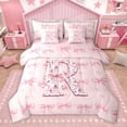 thumbnail image 1 of Homewish Initial R Letter Bedding Comforter Set 7 Pieces for Girls, Cartoon Pink Bow-tie Full Bedding Set, Fairy Tale Princess Style Reversible Fitted Sheet Flat Sheet, Microfiber Bedroom Decor, 1 of 7