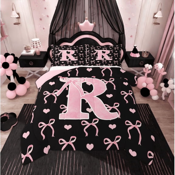 Feelyou Initial R Letter Bedding Comforter Set, Kawaii Ribbon Bow Twin Comforter Sets, Love Heart Bedding Set, Super Cozy Bedroom Decoration, 2pcs