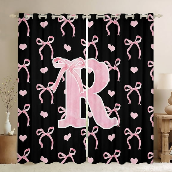 Feelyou Initial R Letter Blackout Curtains Set of 2 (52x84 Each), Kawaii Ribbon Bow Window Curtains, Love Heart Curtains and Drapes, Window Curtains Bedroom Decoration