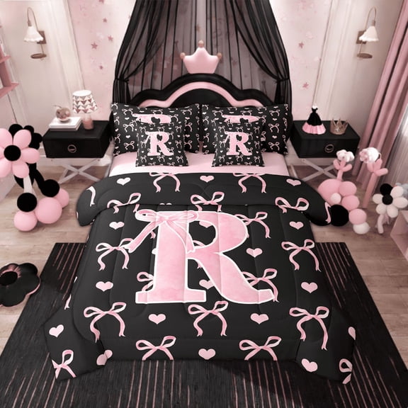 Feelyou Initial R Letter Twin Bedding Sets 7-Piece, Kawaii Ribbon Bow Bedding Comforter Set, Love Heart Sheet Sets, Super Cozy Bedroom Decoration