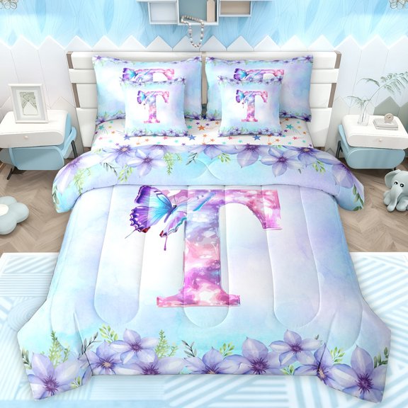 Manfei Initial T Letter Bedding Comforter Set 7 Pieces for Teens, Magic Butterfly Animal Full Bedding Set, Cartoon Dreamy Floral Reversible Fitted Sheet Flat Sheet, Ultra Soft Bedroom Decor