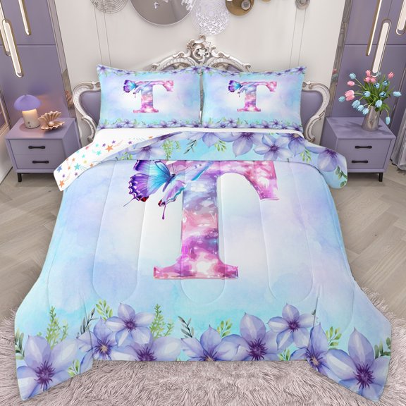Manfei Initial T Letter Queen Comforter Set for Teens, Magic Butterfly Animal Bedding Sets, Cartoon Dreamy Floral Reversible Bedding Comforter Set, Ultra Soft Bedroom Decor, 3 Pieces