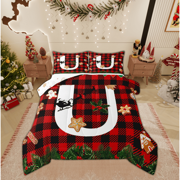 Manfei Initial U Letter Full Size Comforter Sets for Kids, Black Red Buffalo Bedding Comforter Set, Merry Christmas Reversible Bedding Sets, Microfiber Bedroom Decor, 3 Pieces