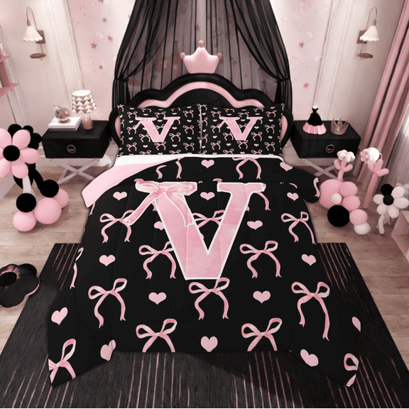 Feelyou Initial V Letter Bedding Comforter Set, Kawaii Ribbon Bow Twin Comforter Sets, Love Heart Bedding Set, Ultra Soft Bedroom Decorative, 2pcs