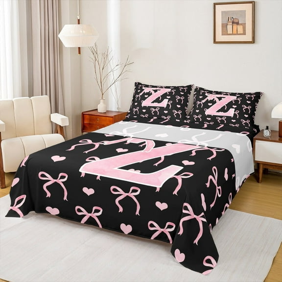 Feelyou Initial Z Letter Full Size Sheets, Kawaii Ribbon Bow Bed Sheets, Love Heart Sheet Sets, Lightweight Bedroom Decor, 4 Piece