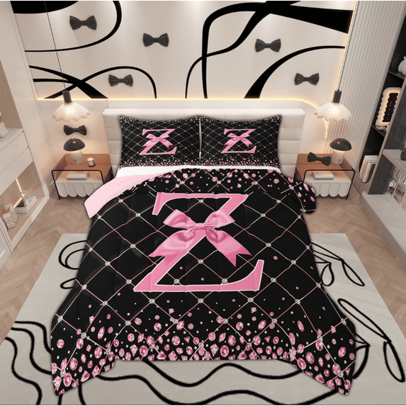 Manfei Initial Z Letter Queen Comforter Set for Girls, Cartoon Stripes Bow-tie Bedding Sets, Princess Bow Reversible Bedding Comforter Set, Ultra Soft Home Decor, 3 Pieces