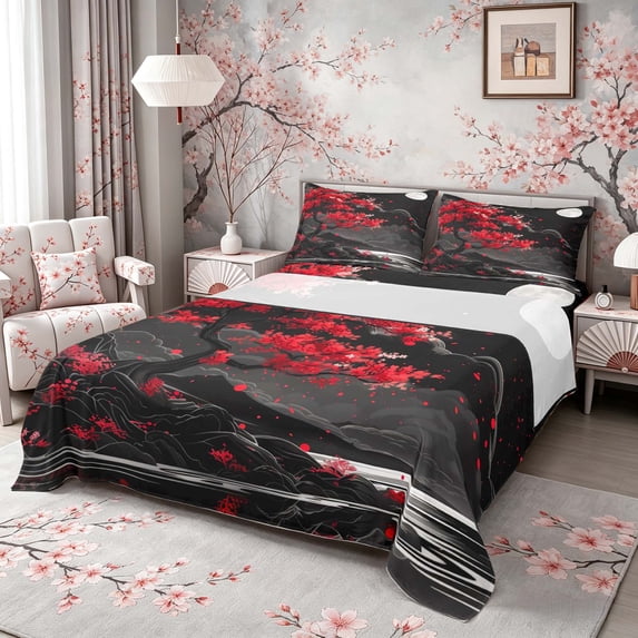 Manfei Ink Blossom Queen Sheet Sets for Teens, Moon Mountain Bed Set, Black Red White 4-Piece, 1 Flat Sheet, 1 Fitted Sheet and 2 Pillowcases