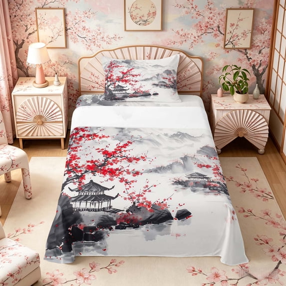 Manfei Ink Blossom Twin Sheet Sets for Girls, Red Plum Mountain Bedding, Black Red White 3pcs, 1 Flat Sheet, 1 Fitted Sheet and 1 Pillowcase
