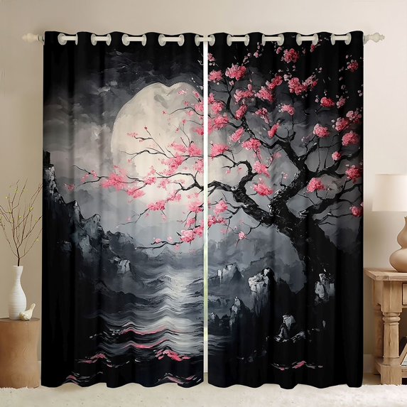 Manfei Ink Cherry Black Out Curtains for Teens, Moon Mountain Curtains Pack of 2 (42x63 Each), Black Pink White