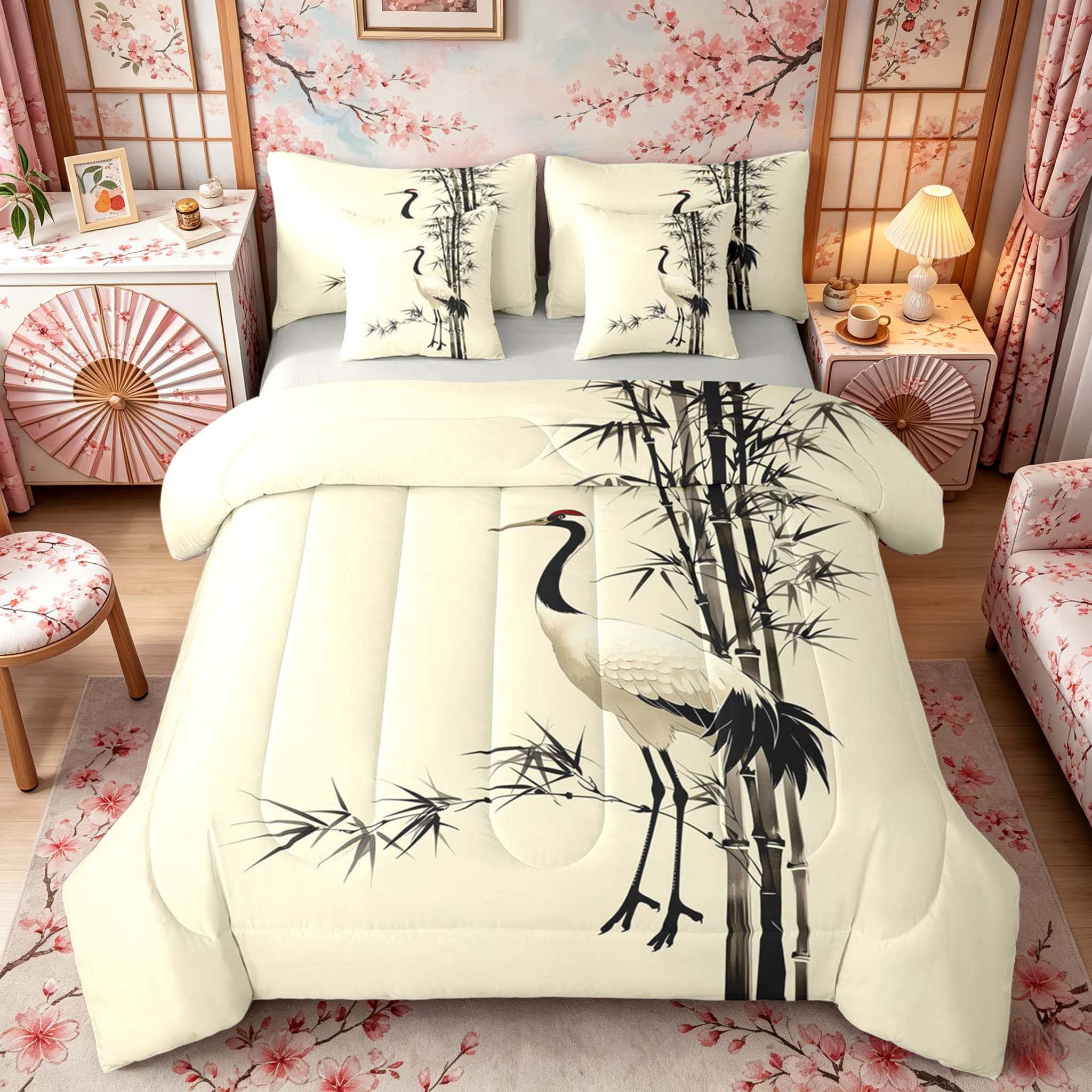 Manfei Ink Crane Bedding Comforter Set for Teens, Bamboo Queen Bedding Sets, Beige Black White, Gray Reversible 7pcs