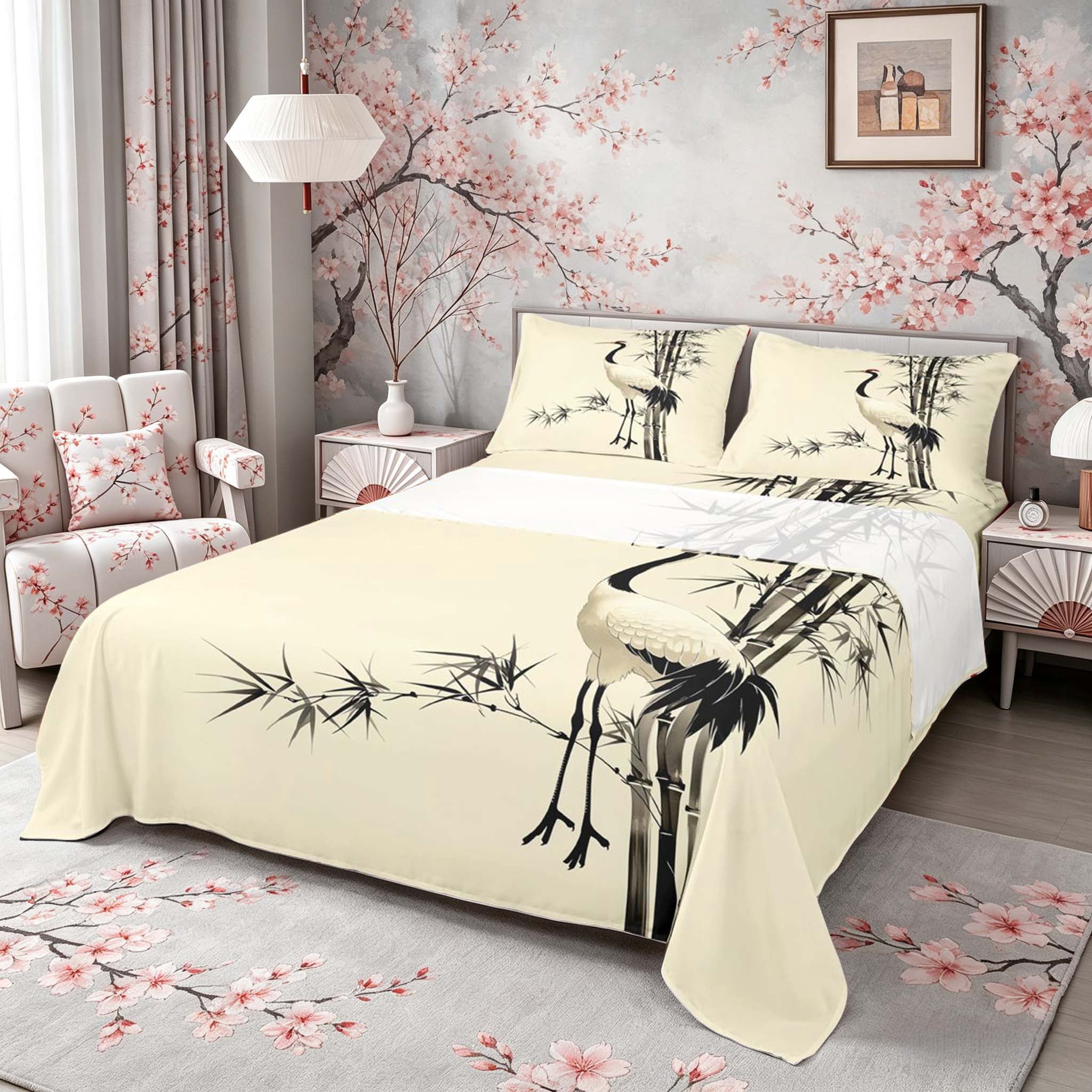 Manfei Ink Crane Queen Sheet Sets for Teens, Bamboo Bed Set, Beige Black White 4pcs, 1 Flat Sheet, 1 Fitted Sheet and 2 Pillowcases