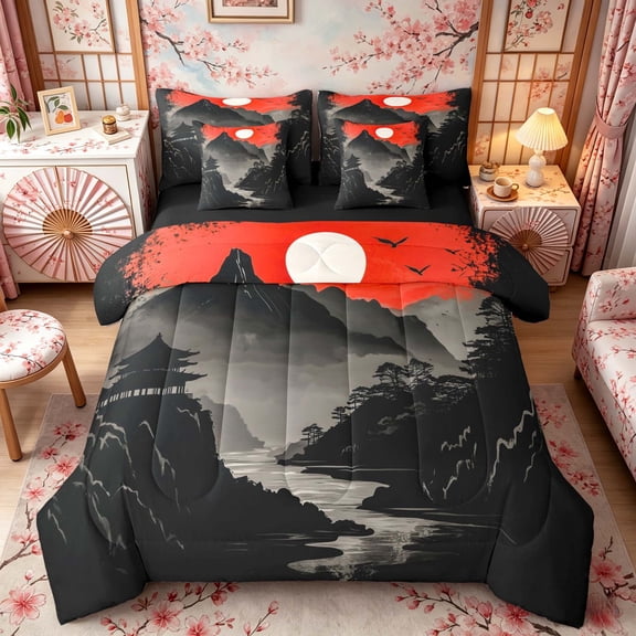 Manfei Ink Fuji Twin Bedding Sets for Girls, Red Sun Temple Bedding Comforter Set, Black Red Gray, Black Reversible 7pcs