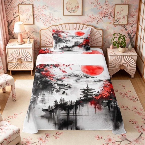 Manfei Ink Fuji Twin Sheet Sets for Girls, Red Sun Temple Bedding, Black Red White 3pcs, 1 Flat Sheet, 1 Fitted Sheet and 1 Pillowcase
