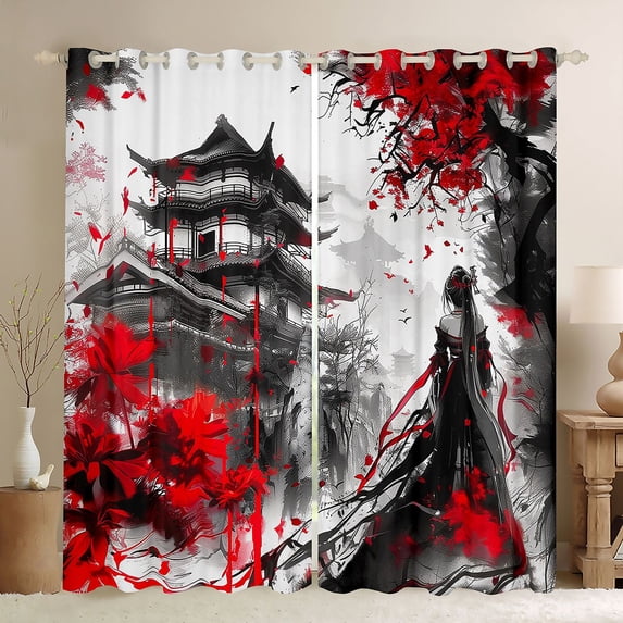 Manfei Ink Geisha Black Out Curtains for Girls Women, Red Blossom Temple Curtains Pack of 2 (42x63 Each), Black Red White