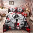 thumbnail image 1 of Manfei Ink Geisha Queen Comforter Set for Girls Women, Red Blossom Bedding Comforter Set, Black Red White, Gray Reversible 3pcs, 1 Comforter and 2 Pillowcases, 1 of 6