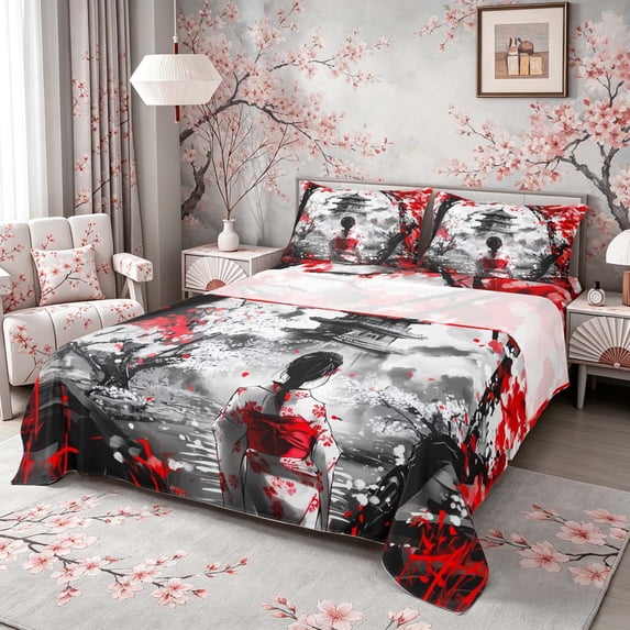 Manfei Ink Geisha Queen Sheet Sets for Girls Women, Red Blossom Bed Set, Black Red White 4pcs, 1 Flat Sheet, 1 Fitted Sheet and 2 Pillowcases