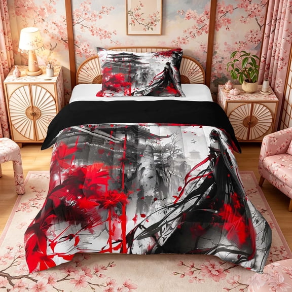 Manfei Ink Geisha Twin Comforter Sets for Girls Women, Red Blossom Temple Bedding Set, Black Red White, Black Reversible 2 Pieces, 1 Comforter and 1 Pillowcase