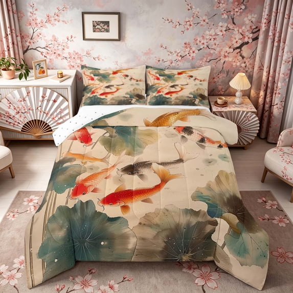 Manfei Ink Koi Fish Full Size Comforter Sets, Lotus Leaf Pond Bedding Sets Home Decor, Beige Green Orange, Reversible 3pcs, 1 Comforter and 2 Pillowcases