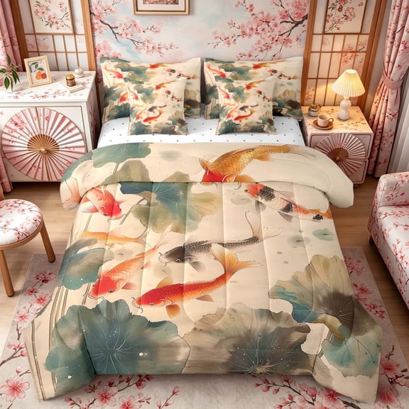 Manfei Ink Koi Fish Twin Bedding Sets, Lotus Leaf Pond Bedding Comforter Set Home Decor, Beige Green Orange, Reversible 7pcs