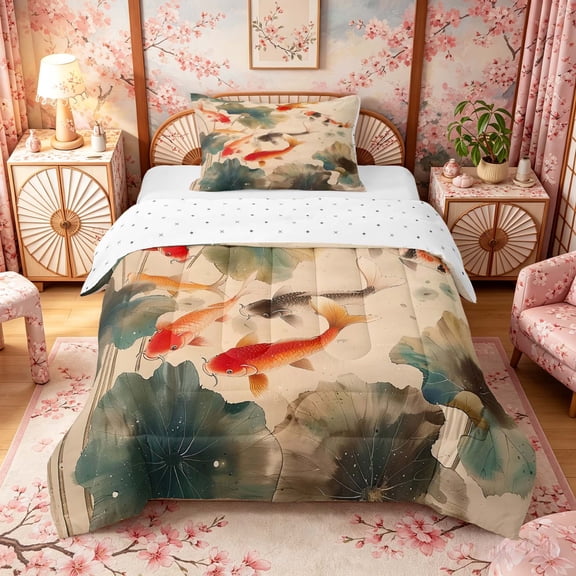 Manfei Ink Koi Fish Twin Comforter Sets, Lotus Leaf Pond Bedding Set Home Decor, Beige Green Orange, Reversible 2pcs, 1 Comforter and 1 Pillowcase