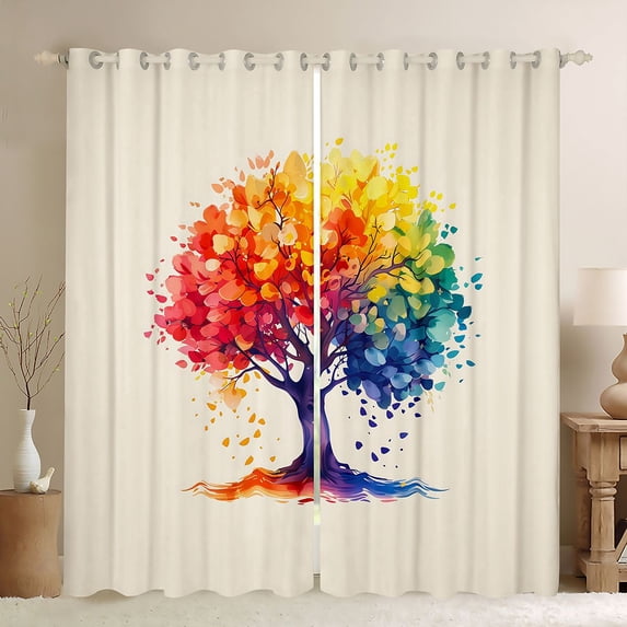 Manfei Ink Life Tree Blackout Curtains Set of 2 (38x54 Each), Rainbow Printing Art Living Room Curtains, Cream Pink