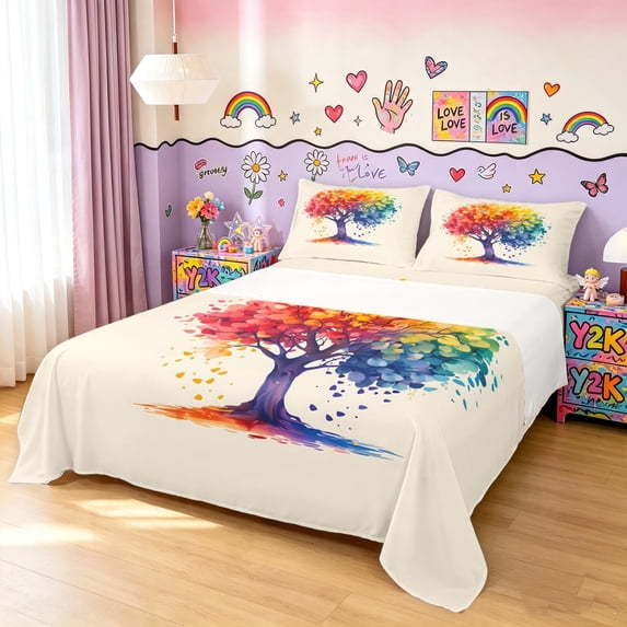 Manfei Ink Life Tree King Sheets, Rainbow Printing Art Bedding, Cream Pink, 4 Pieces, 1 Flat Sheet, 1 Fitted Sheet and 2 Pillowcases
