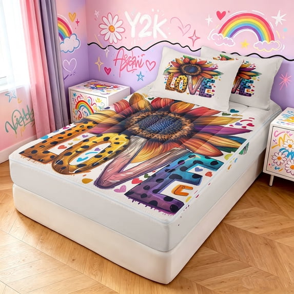 Manfei Ink Love Zipper Full Size Comforter Sets with Fitted Sheet and 2 Pillowcases, Graffiti Rainbow Sunflower Zipper Bedding Set, Cream Orange, Black Reversible, 4-Piece