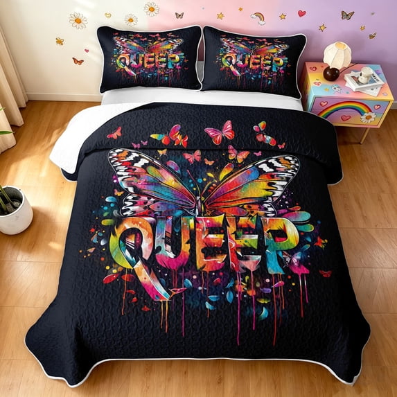 Manfei Ink Love is Love Quilt Full, Dripping Art Butterfly Full Bedspread Sets, Black Red, 3pcs, 1 Coverlet and 2 Pillowcases