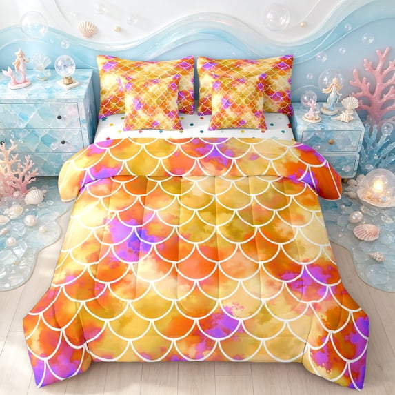 Manfei Ink Mermaid Scale Twin Bedding, Dreamy Sealife Bedding Comforter Set, Orange Gold, Polkadot Reversible, 7 Pieces