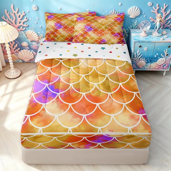 Manfei Ink Mermaid Scale Zipper Twin Comforter Sets with Fitted Sheet and 2 Pillowcases, Dreamy Sealife Zipper Bedding Set, Orange Gold, Polkadot Reversible, 4 Pieces
