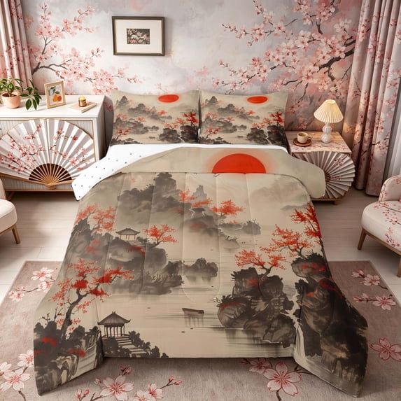 Manfei Ink Mountain Full Size Comforter Sets for Home, Red Sun Tree Bedding Sets for Office, Black Red Beige, Reversible 3 Pieces, 1 Comforter and 2 Pillowcases
