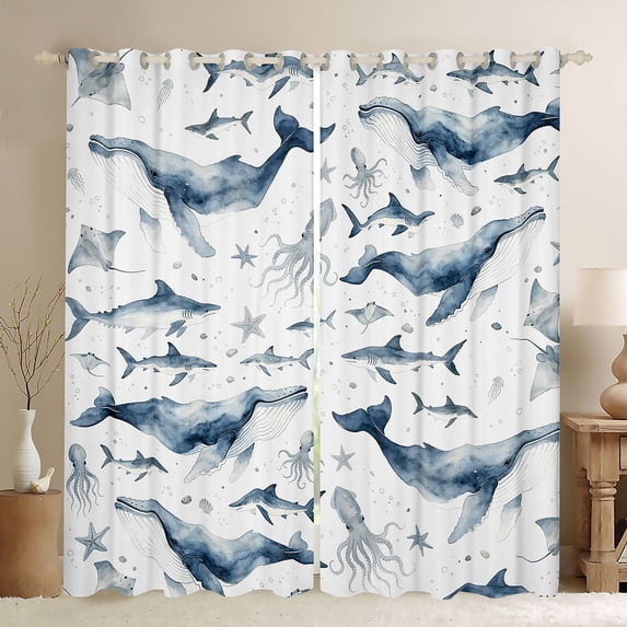 Manfei Ink Ocean Whale Blackout Curtains Set of 2 (38x54 Each), Kawaii Shark Living Room Curtains, Navy White