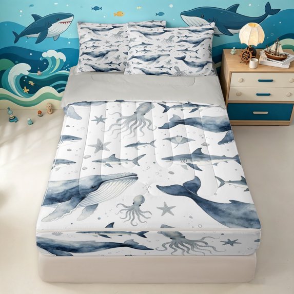 Manfei Ink Ocean Whale Zipper Queen Comforter Set with Fitted Sheet and 2 Pillowcases, Kawaii Shark Zipper Bedding Set, Navy White, Gray Reversible, 4-Piece