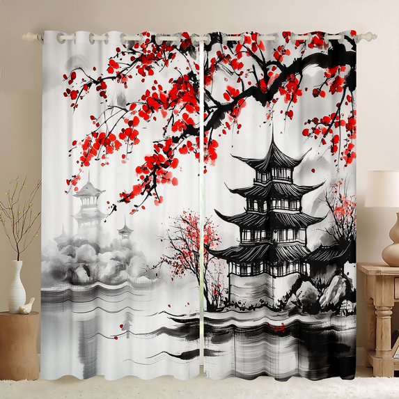 Manfei Ink Pagoda Black Out Curtains for Girls, Red Plum Curtains Pack of 2 (42x63 Each), Black Red White