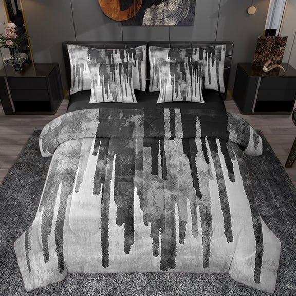 Manfei Ink Painting Art 7 Pieces Bedding Comforter Set,Abstract Aesthetic Full Bedding Set,Gray Stripes Lines Fitted Sheet Flat Sheet For Men Women,Ultra Soft Home Decor Reversible
