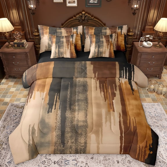 Manfei Ink Painting Art 7pcs Bedding Comforter Set,Abstract Aesthetic Queen Bedding Sets,Brown Beige Queen Sheet Sets For Men Women,Ultra Soft Home Decor Reversible