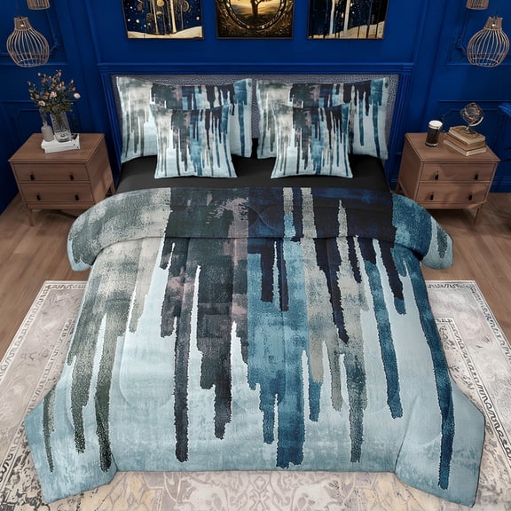 Manfei Ink Painting Art 7pcs Bedding Comforter Set,Abstract Aesthetic Queen Bedding Sets,Teal Blue Queen Sheet Sets For Men Women,Ultra Soft Home Decor Reversible