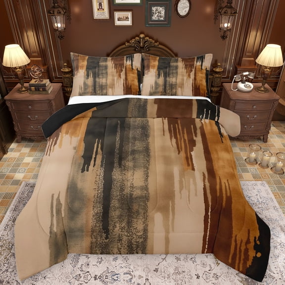 Manfei Ink Painting Art Queen Comforter Set,Abstract Aesthetic Bedding Sets,Brown Beige Bedding Comforter Set For Men Women,Ultra Soft Home Decor Reversible,3-Piece
