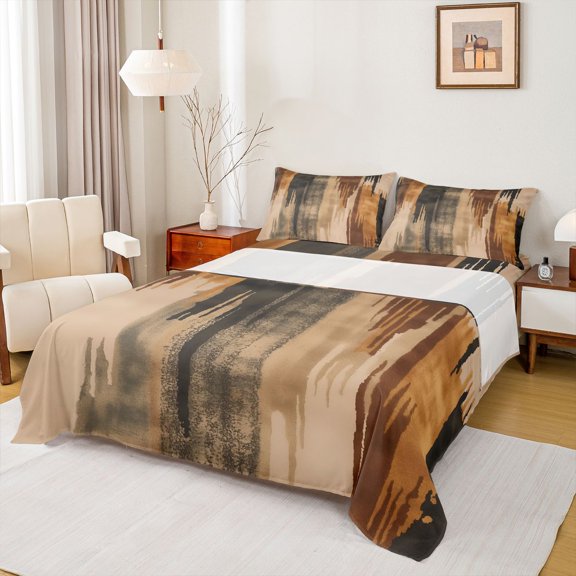 Manfei Ink Painting Art Twin Sheet Sets,Abstract Aesthetic Twin Fitted Sheet,Brown Beige Flat Sheet For Men Women,Ultra Soft Home Decor,3 Pieces