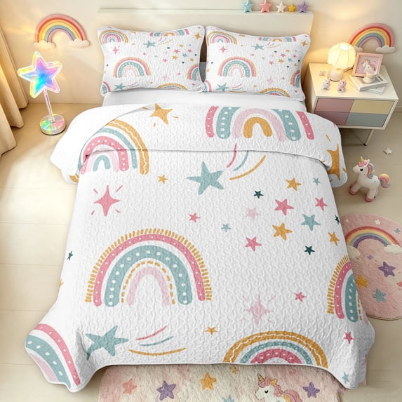 Manfei Ink Rainbow Bed Spread Queen, Dreamy Astrology Queen Coverlet Set, White Teal Pink, 3 Pieces, 1 Quilt and 2 Pillowcases