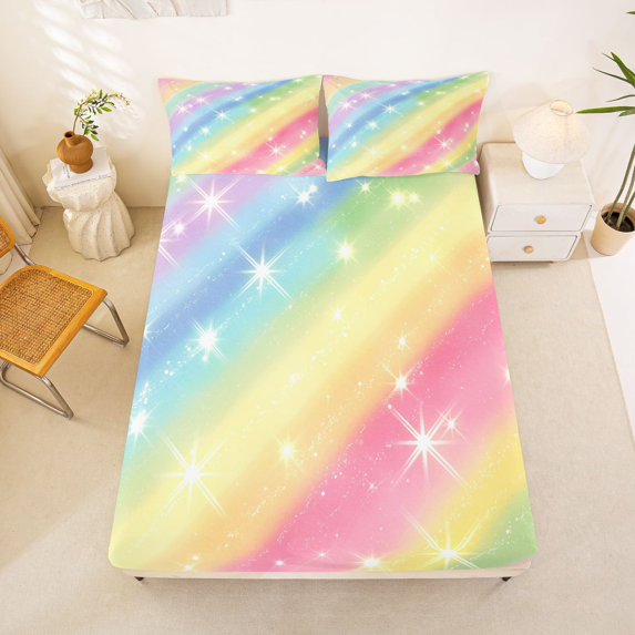 Manfei Ink Rainbow Fitted Sheet Queen, Cartoon Stars Galaxy Bedding, Glitter, 3pcs, 1 Fitted Sheet and 2 Pillowcases