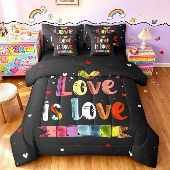 Manfei Ink Rainbow King Bedding, Watercolor Love is Love King Bed in a Bag, Black Pink, Black Reversible, 7 Pieces