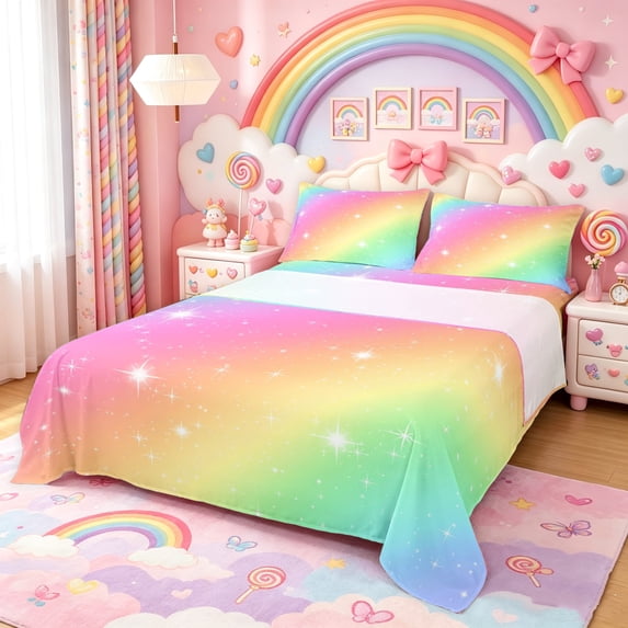 Manfei Ink Rainbow King Sheets, Galaxy Stars Print Bedding, Pink Orange, 4 Pieces, 1 Flat Sheet, 1 Fitted Sheet and 2 Pillowcases