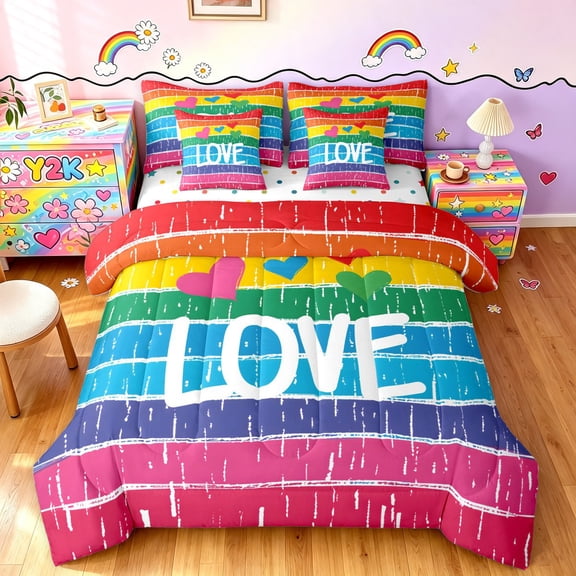 Manfei Ink Rainbow Twin Bedding, Printing Love Heart Bedding Comforter Set, Pink Blue, Polkadot Reversible, 7-Piece