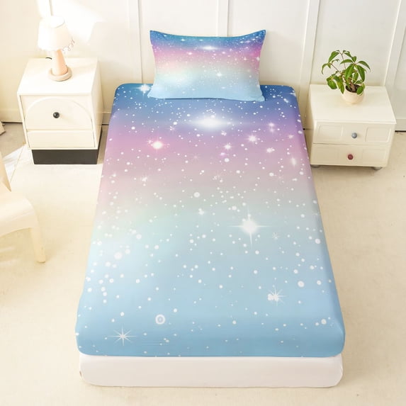 Manfei Ink Rainbow Twin Fitted Sheet, Dreamy Glitter Stars Print Bedding, Blue Pink, 2pcs, 1 Fitted Sheet and 1 Pillowcase