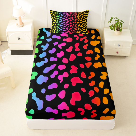 Manfei Ink Rainbow Twin Fitted Sheet, Neon Leopard Print Bedding, Black Pink Orange, 2 Pieces, 1 Fitted Sheet and 1 Pillowcase