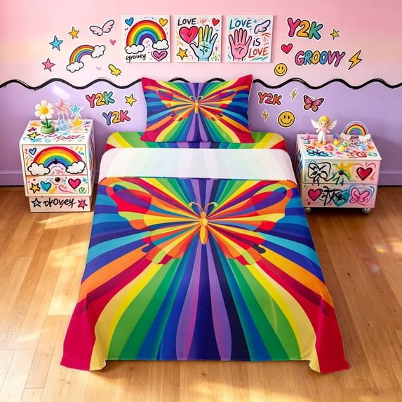 Manfei Ink Rainbow Twin Sheets, Graffiti Butterfly Bedding, Red Navy, 3-Piece, 1 Flat Sheet, 1 Fitted Sheet and 1 Pillowcase