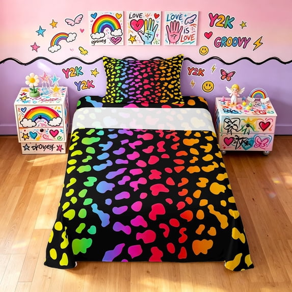 Manfei Ink Rainbow Twin Sheets, Neon Leopard Print Bedding, Black Pink Orange, 3 Pieces, 1 Flat Sheet, 1 Fitted Sheet and 1 Pillowcase