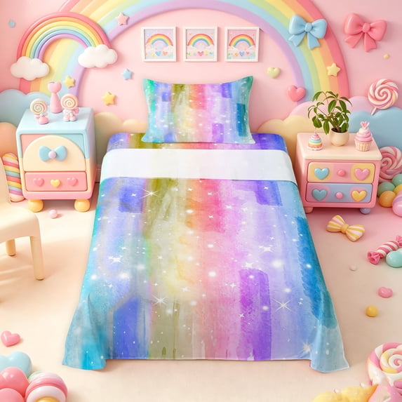 Manfei Ink Rainbow Twin Sheets, Sparkle Star Print Bedding, Blue Violet, 3pcs, 1 Flat Sheet, 1 Fitted Sheet and 1 Pillowcase